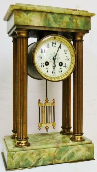 Antique French Empire Style 8 Day Striking Onyx & Brass Portico Mantel Clock