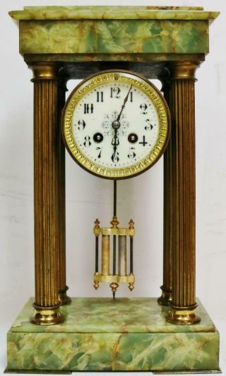 Antique French Empire Style 8 Day Striking Onyx & Brass Portico Mantel Clock 2