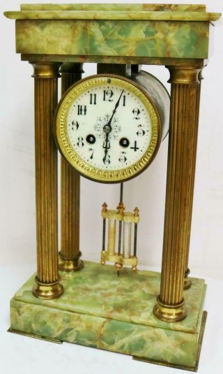 Antique French Empire Style 8 Day Striking Onyx & Brass Portico Mantel Clock 3