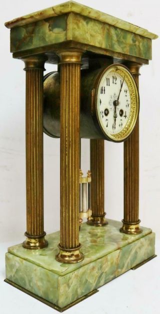 Antique French Empire Style 8 Day Striking Onyx & Brass Portico Mantel Clock 4