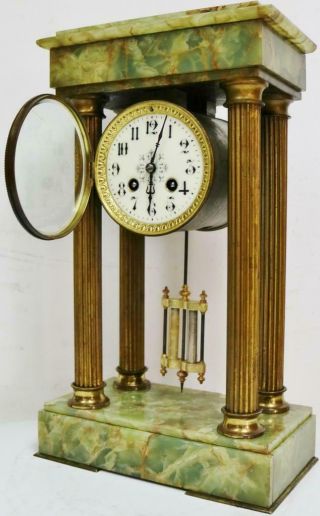 Antique French Empire Style 8 Day Striking Onyx & Brass Portico Mantel Clock 7