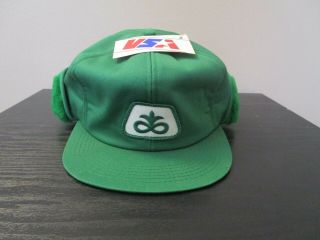 K - Products Pioneer Seed Hat Vintage Nos Ear Flaps Green Fleece Farm Seed Cap