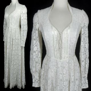 Vtg Gunne Sax Ivory Crochet Floral Lace Corset Victorian Prairie Dress M Wedding