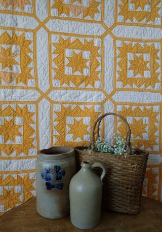 Rich Color Antique C1880 Cheddar & White Star In Garden Maze Quilt 85x72 Prim
