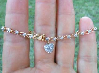 Diamond Estate Vtg.  18k Gold Over Sterling Silver Heart Charm Tennis Bracelet