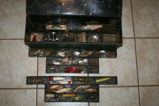 Early Metal Vintage Tackle Box - Old Wood Fishing Lures - Heddon - Ccb - South Bend - Nr