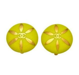Authentic Vintage Chanel Earrings Cc Logo Round Yellow Pottery Ea1755