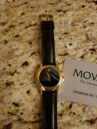 Mens Classic Movado Museum Black Leather Strap Gold Dial Watch