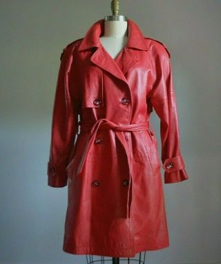 Vintage Red Buttery Soft Lambskin Leather Trench Coat Pristine