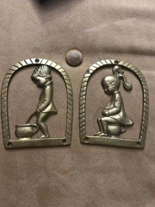 Boy & Girl Toilet Hardware Door Signs Bathroom Vintage Man Woman Potty Brass