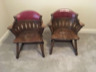 Two Romweber VikIng Oak Red Leather Barrell Chairs 4