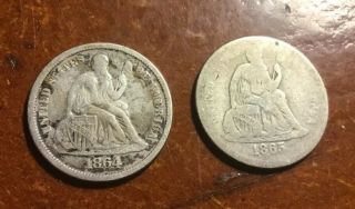 Rare 1864s Vf And 1865s Ag Seated Liberty Dimes