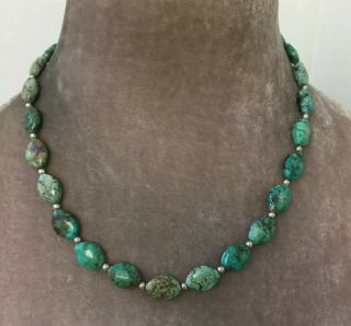 Vintage Jewellery Real Dark Turquoise Bead Necklace With Sterling Silver Clasp