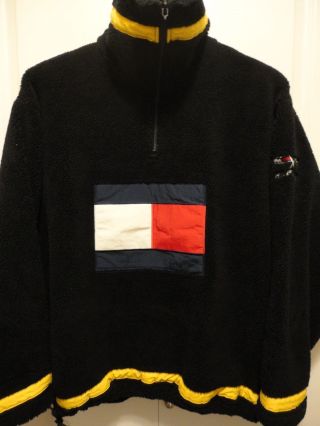 Tommy Jeans Hilfiger Vintage 90s Big Logo Flag Black Fleece Pullover Jacket L/xl