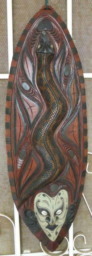 Vtg Png Large Heavily Hand Carved Pacific Islanders Devil Mask Snake Tribal
