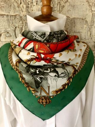 Hermès Paris Vintage Silk Jacquard Scarf „Napoleon“ Ledoux Green Red Rare 90 3