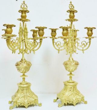 Antique French 8 Day Pierced Bronze Oromlu Ornate Mantel Clock Candelabras Set 10