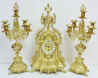 Antique French 8 Day Pierced Bronze Oromlu Ornate Mantel Clock Candelabras Set