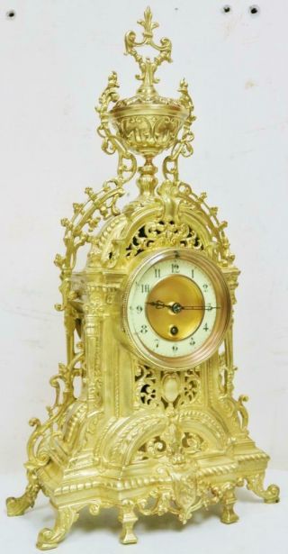 Antique French 8 Day Pierced Bronze Oromlu Ornate Mantel Clock Candelabras Set 2