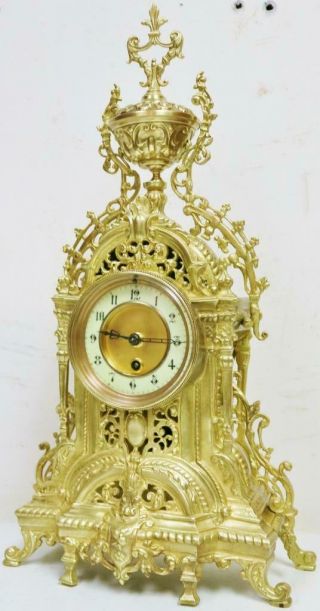 Antique French 8 Day Pierced Bronze Oromlu Ornate Mantel Clock Candelabras Set 4