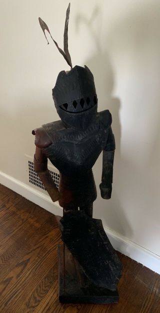 OLD VINTAGE METAL KNIGHT BATTLE ARMOR STATUE ON BASE 44.  5” Tall 5