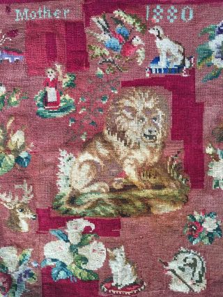Antique Victorian Sampler Tapestry Needlepoint,  Lion,  Dog,  Cat,  Etc. ,  C.  1880