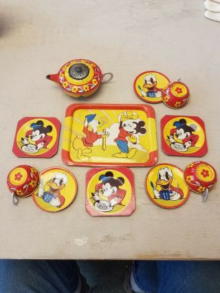 Vintage Mickey Mouse And Donald Duck Tin Tea Set By Happynak Made In England