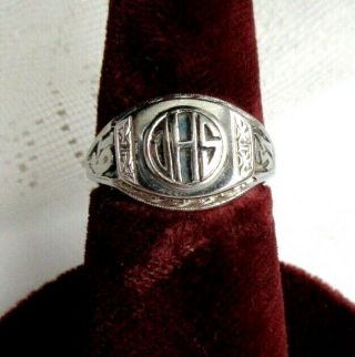 14K WHITE GOLD VINTAGE 1931 ART DECO HIGH SCHOOL CLASS RING Size 5.  5 Engraved 2