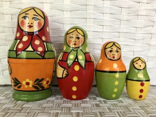 Old Vintage Russian Nesting Dolls Rare Ussr Set Of Four Matryoshka Dot Maidens