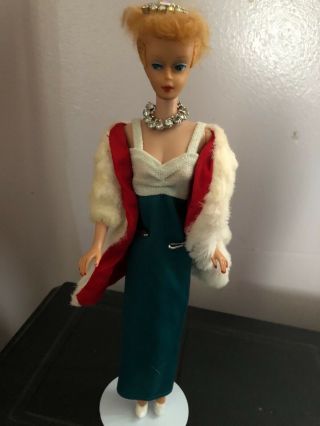 Vintage Ponytail Barbie 5 Or 6 In Evening Gown And Mink