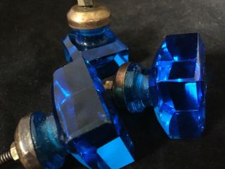 7 Vintage Blue Glass Cube Square Drawer Pulls Knobs W/brass Bases
