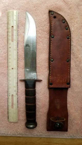 Vintage Usn Ka - Bar Combat Knife With Leather Scabbard