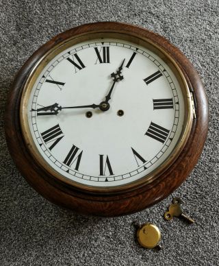 Vintage Round Dial School Railway Oak Wall Clock Chiming Striking - For Repair