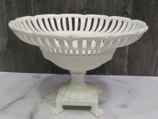 Vintage Italian Oval White Porcelain Reticulated Compote Paw Footed Basket Bowl