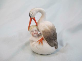 Antique Hertwig Germany All Bisque Baby In Egg With Stork Figurine