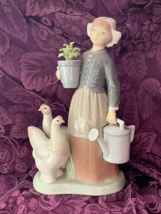 Vintage Retired Lladro Spain 1103,  Dutch Girl Hens Flowerpot Watering Can 