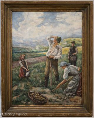 Antique Dutch German Oil Painting Of Potato Farmers In Country Landscape,  Signed