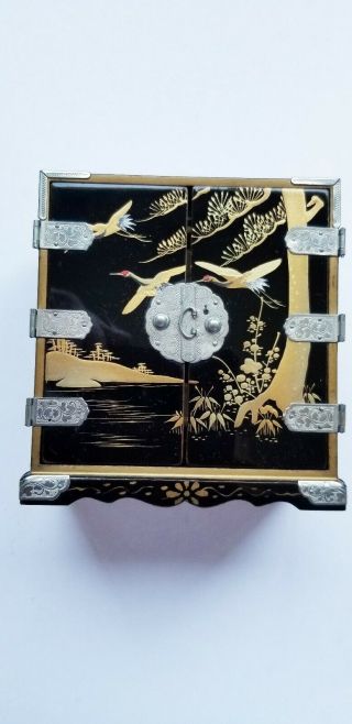 Vintage Elegant Oriental Blk Enamel Chest Cabinet With Silver Hardware Interior