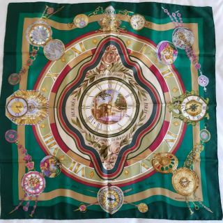 Hermes Green Silk Scarf La Ronde Des Heures Shawl By Loic Dubigeon Vtg 35in 90cm