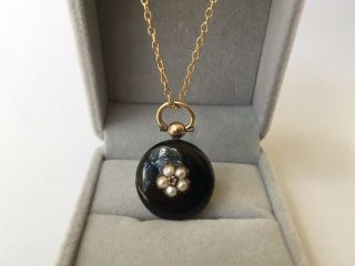 Vintage Black Enamel Pendant Necklace,  Forget - Me - Not Seed Pearls,