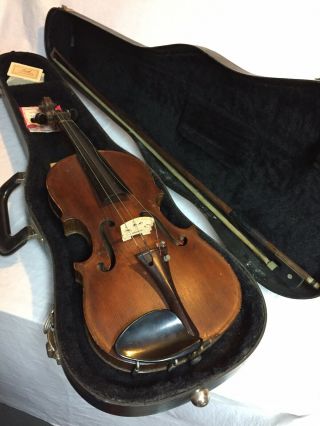 Vintage Full Size Bausch Violin In Hard Case W/ Bausch Bow One String Broke