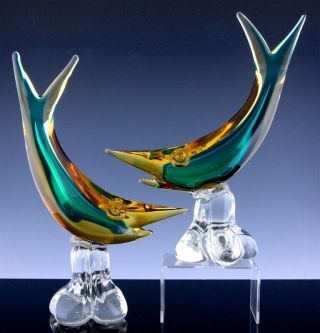 Wonderful Pair Large Vintage Murano Italian Art Glass Shark Or Fish Figures