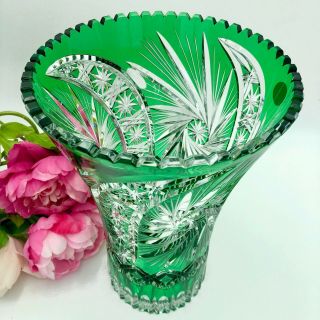 Schonborner Bleikristall Emerald Green Cut To Clear Crystal Bohemian Vase 11.  5 "