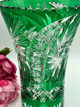 Schonborner Bleikristall Emerald Green Cut To Clear Crystal Bohemian Vase 11.  5 