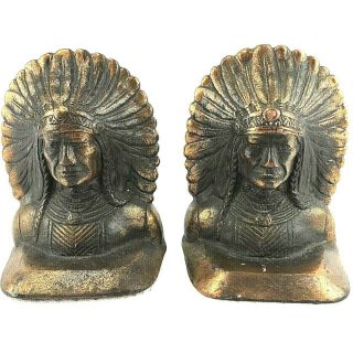 Vintage Antique Indian Head Bookends Brass/copper 1920s Art Deco