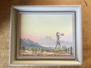 Vintage Western Americana Oil Painting Of Desert Windmill By Bill Freeman 1958 
