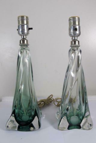 Antique Vintage Murano Art Glass Teal Green Twisted Swirl Table Lamps Boudoir