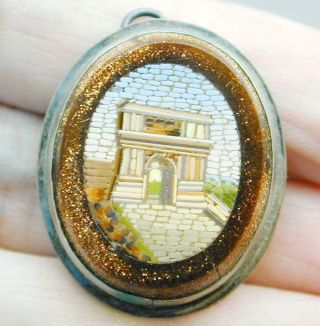 Antique 19th C Micro Mosaic Gold Stone Pin Pendant Fantastic