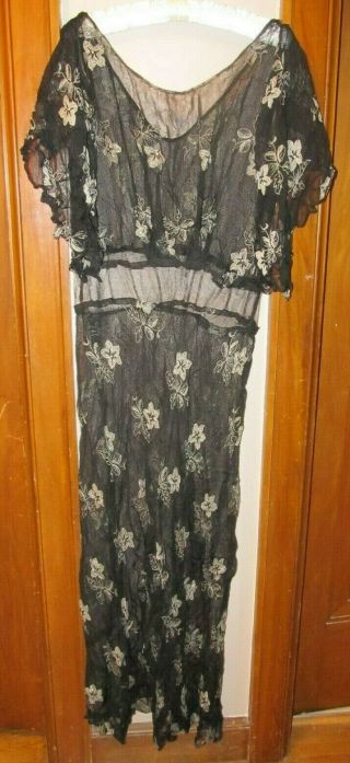Antique Black Sheer Lace 1920s 1930s Flapper Dress Size Medium Large