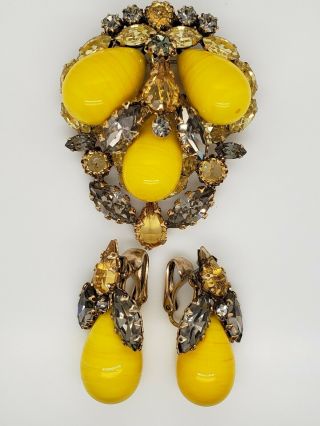 Vintage Schreiner Yellow Brooch And Earrings